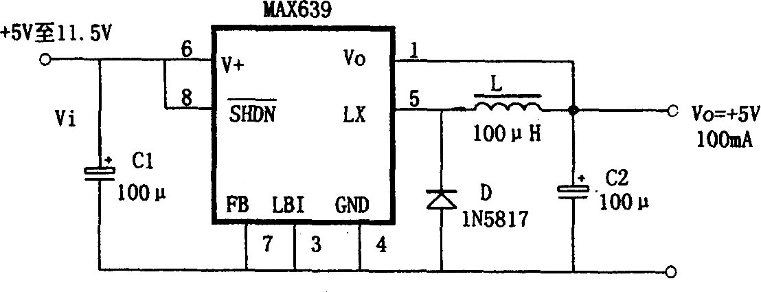 由MAX639构成的 5V固定输出的降压式变换电源