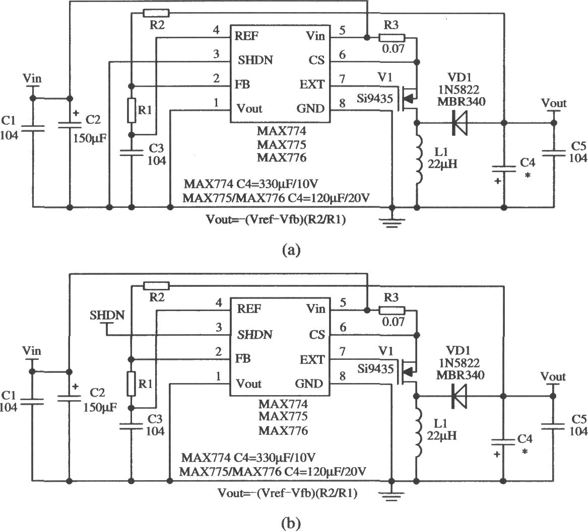 MAX774/MAX775构成输入电压在4.5V以上的输出电压可调
