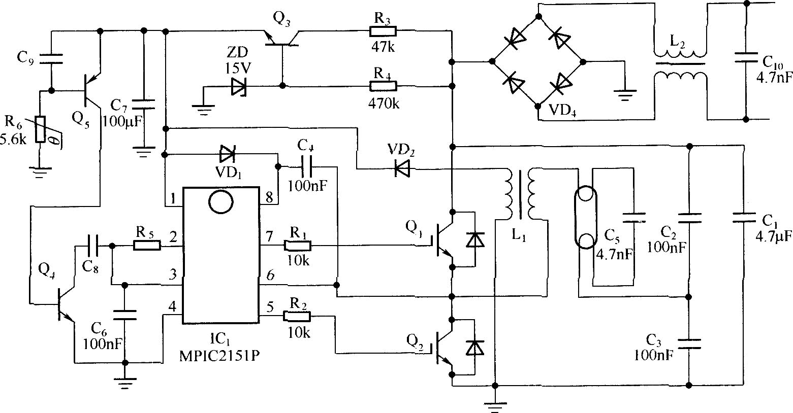 以MPIC2151P和PowerLuxTM IGBT构成的CFL电子镇流器电路
