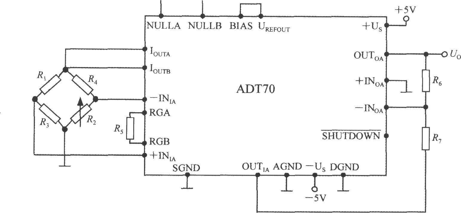 铂热电阻信号调理器ADT70ADT70在电阻应变仪中的应用电路