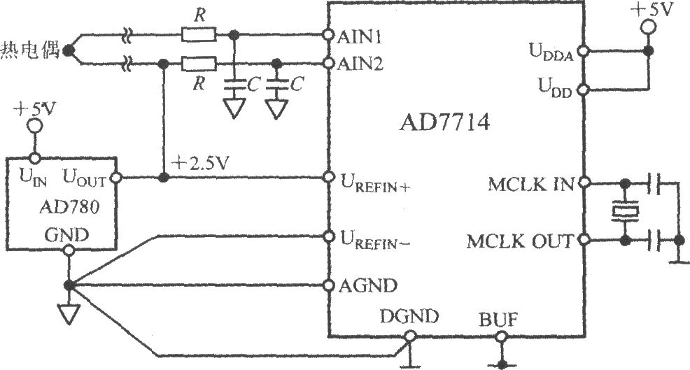 由5通道低功耗可编程传感器信号处理器AD7714和热电偶构成的测温