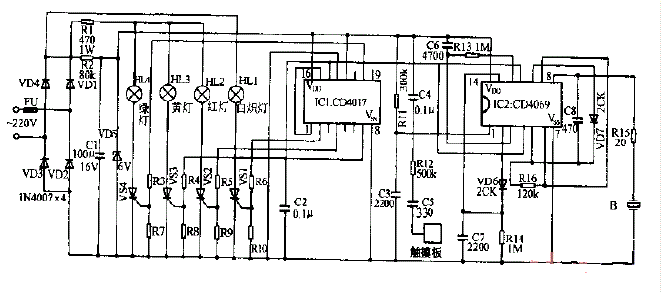 强华SM-CM1型触摸变色台灯电路图