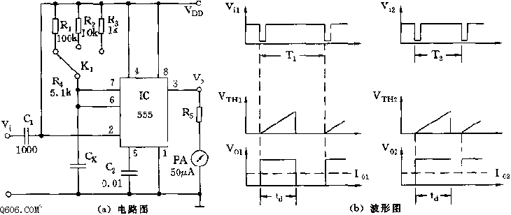 555单稳电路用作电容表或电阻表电路图