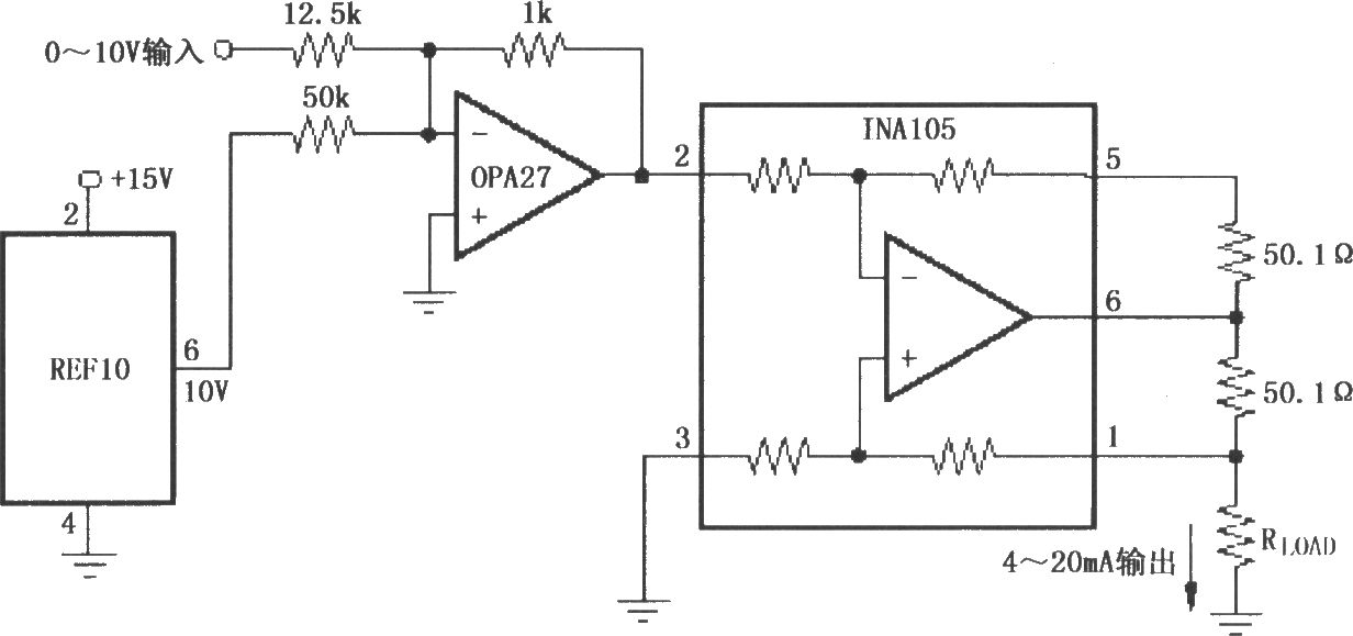 精密0～20mA电流变送器(INA105)