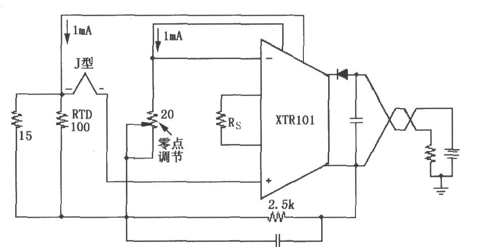 XTR101构成的具有RTD冷端补偿的热电偶输入电路