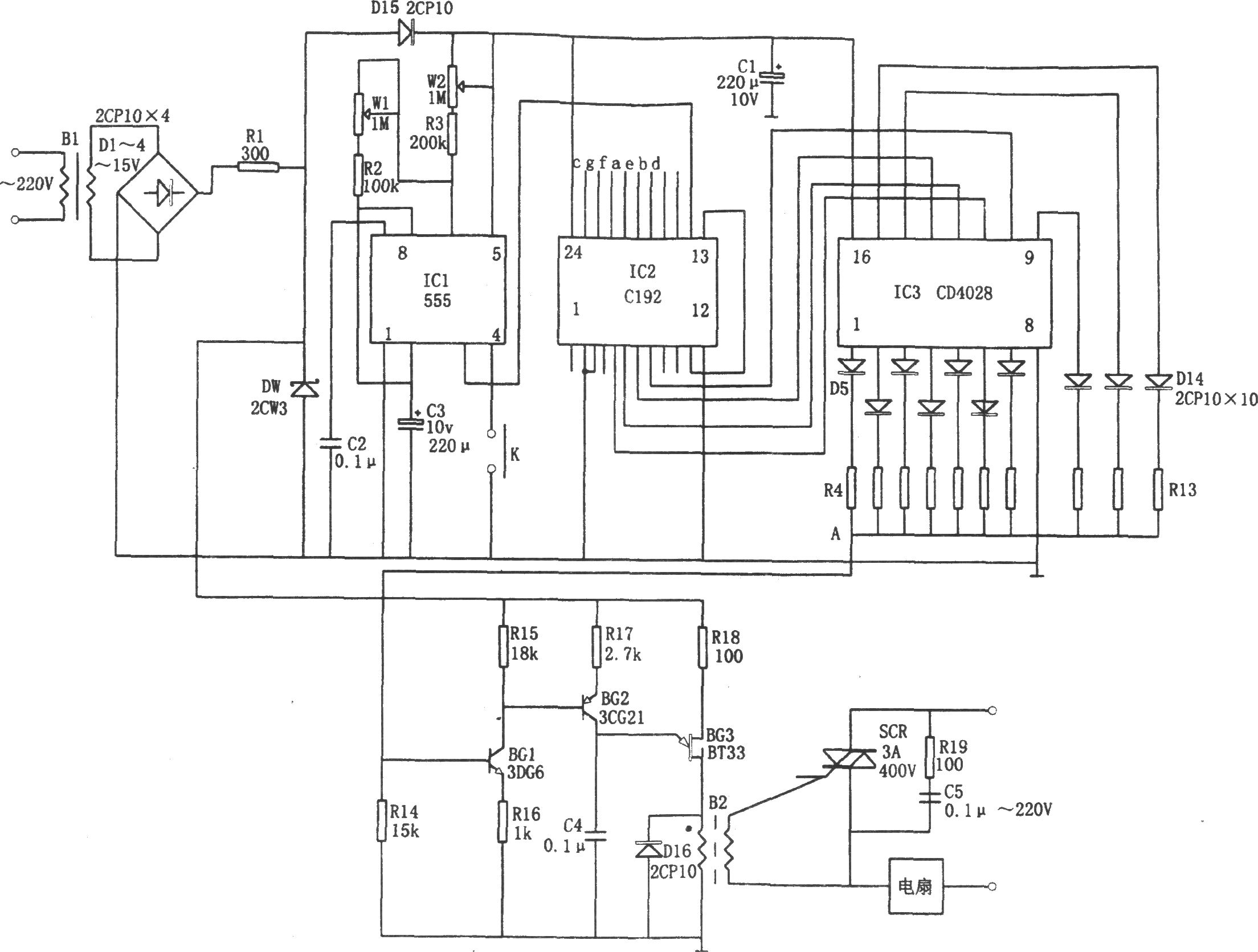 自动变换l0挡风速的控制器(C192、555、CD4028)