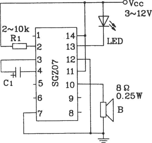 由SGZ07声、光报警集成电路构成单频率声、光信号