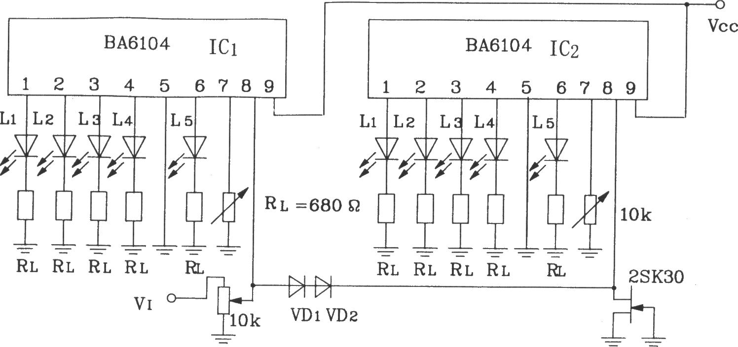 2块BA6104五位LED电平表驱动集成电路构成的10点LED电平显示电路
