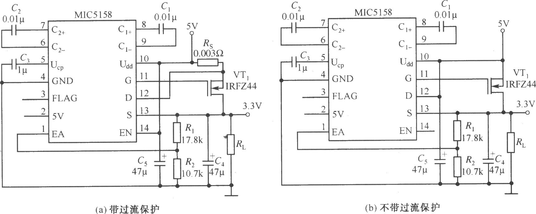 MIC5158构成的外围电路简单的5V输入、3.3V／10A输出的线性稳压器