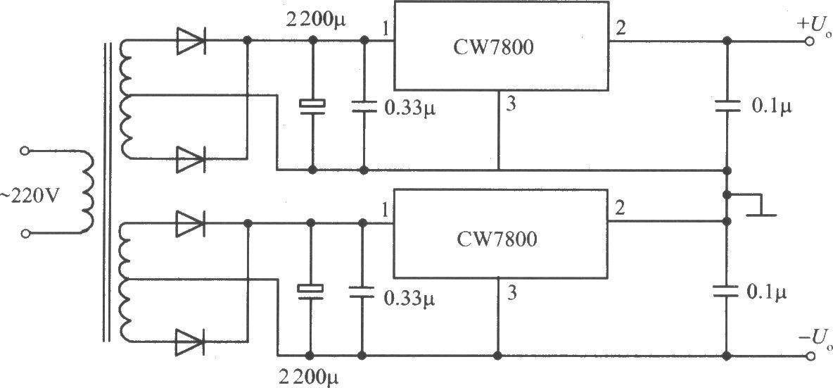 CW7800构成的正、负电压同时输出的集成稳压电源电路