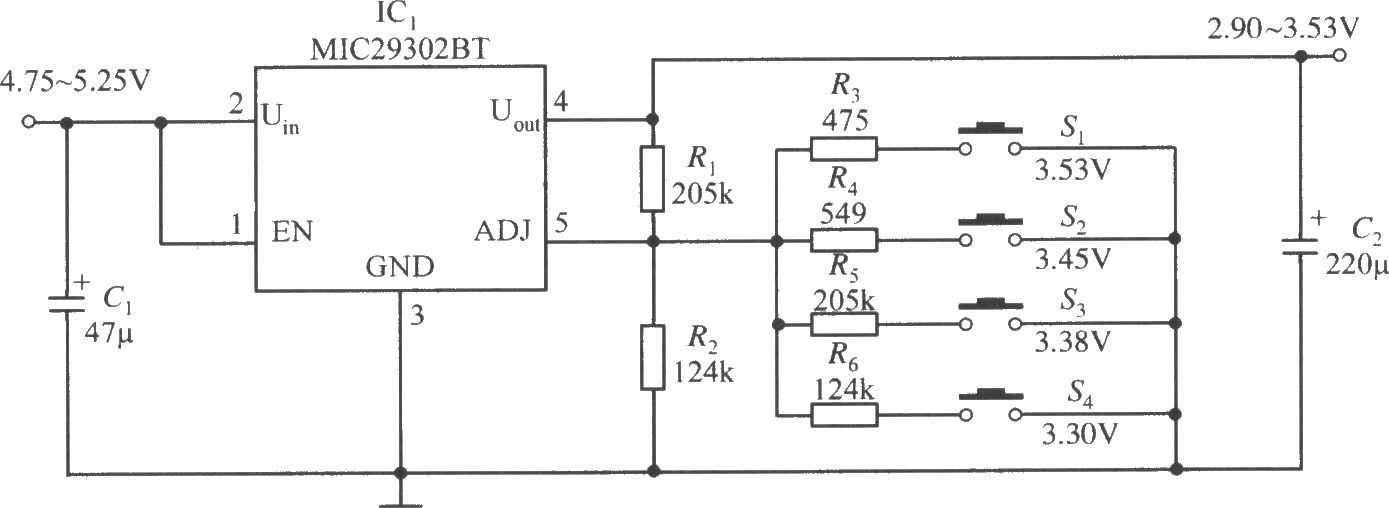 MIC29302构成的输出电压可分挡选择的稳压器电路