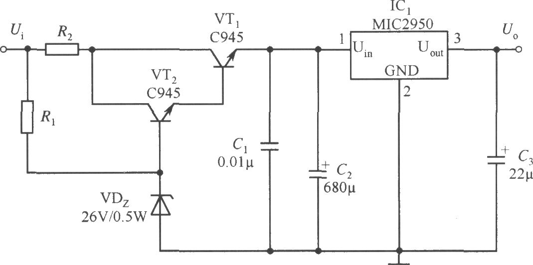 提高MIC2950的输入电压范围的稳压器电路