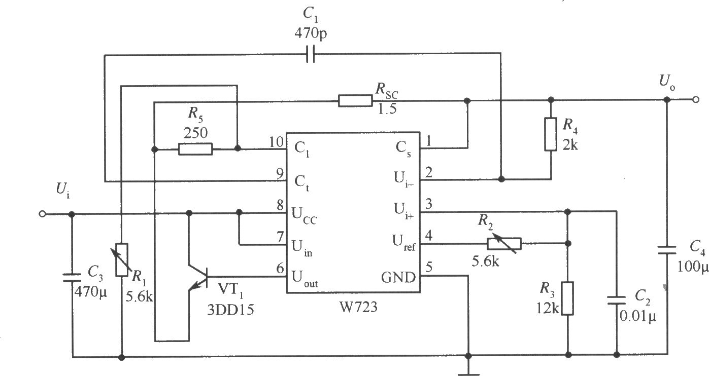 W723构成的低电压并带有限流功能的扩流应用电路