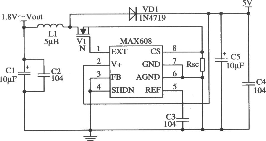 MAX608构成固定5V输出的应用电路