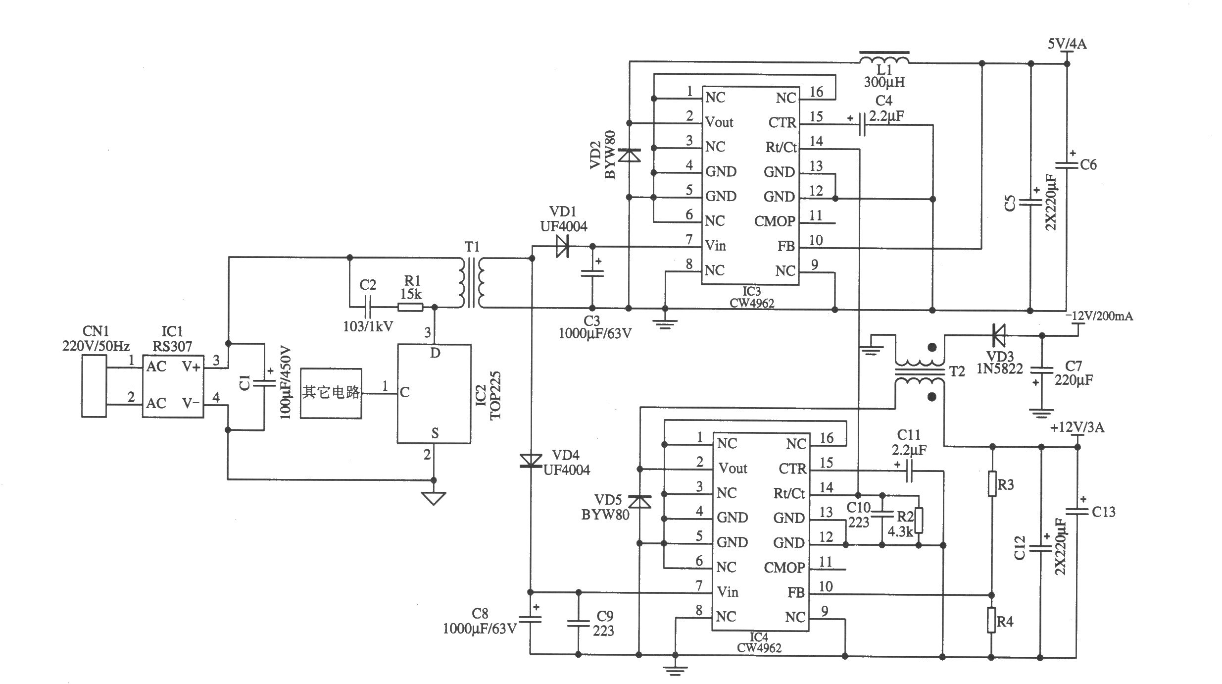 CW4962构成的开关电源降压后作为前级输入电源(