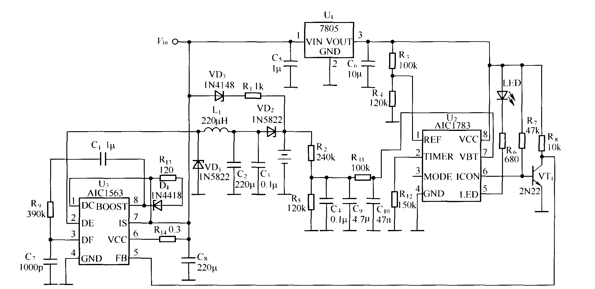 用AICl783作为控制器的镍氢,镍镉电池充电器电路
