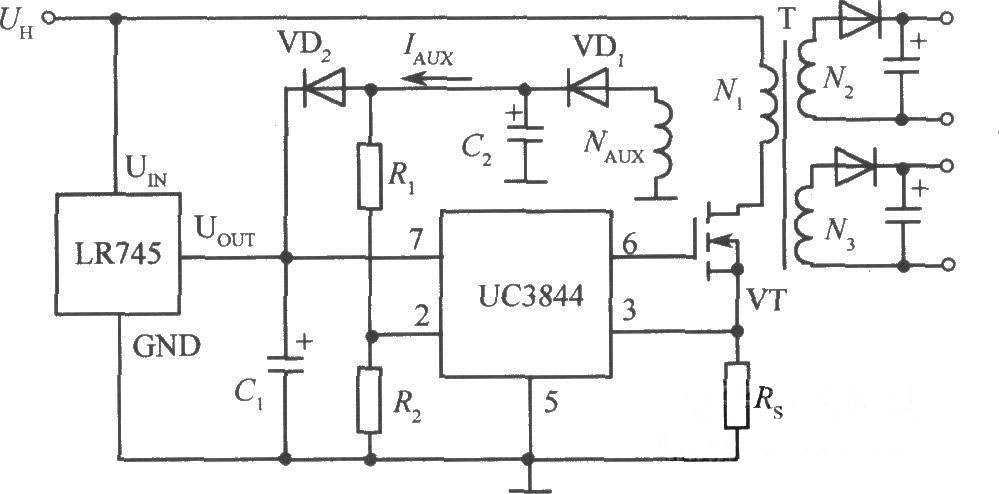 开关稳压电源启动电路集成芯4片LR745应用实例电路