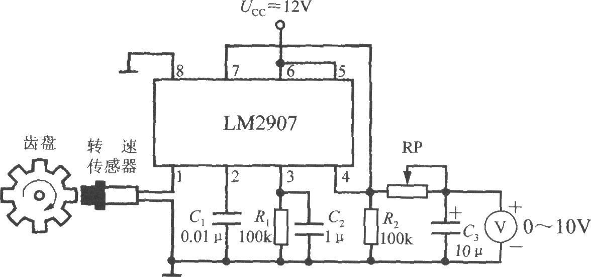 <b>由集成转速/电压转换器LM2907构成的转速表电路</b>
